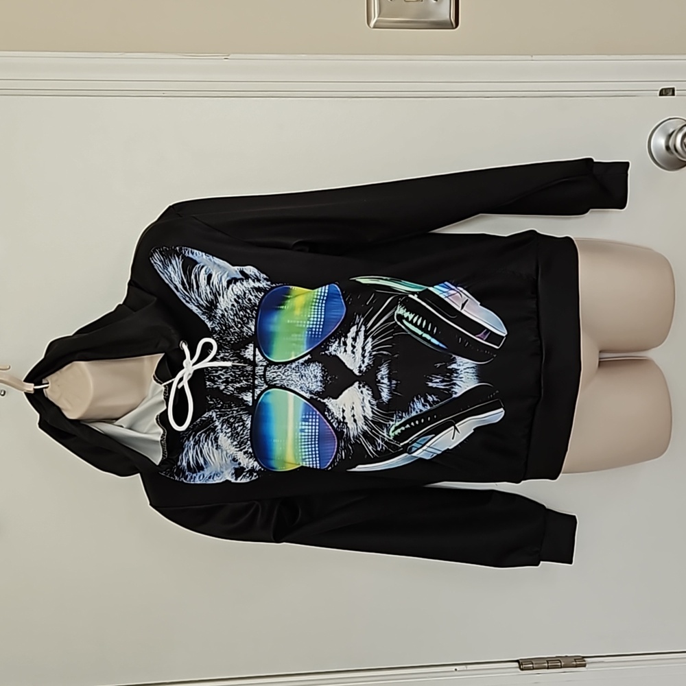 DJ Tabby Cat with Neon Sunglasses Hoodie Size M